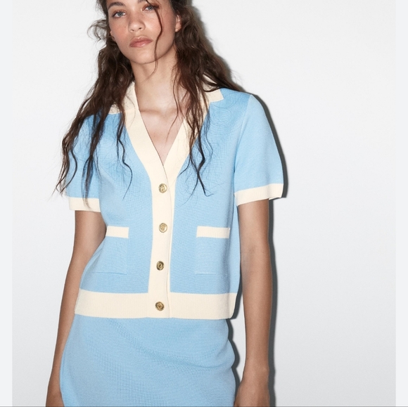 ZARA New Blue Short Sleeve Smooth Knit Gold Crest Button Lady Cardigan SZ XL - Picture 3 of 12